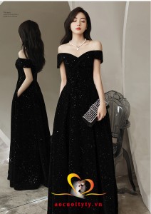 Đầm prom, váy dạ hội màu đen nhung phối kim sa sang trọng
